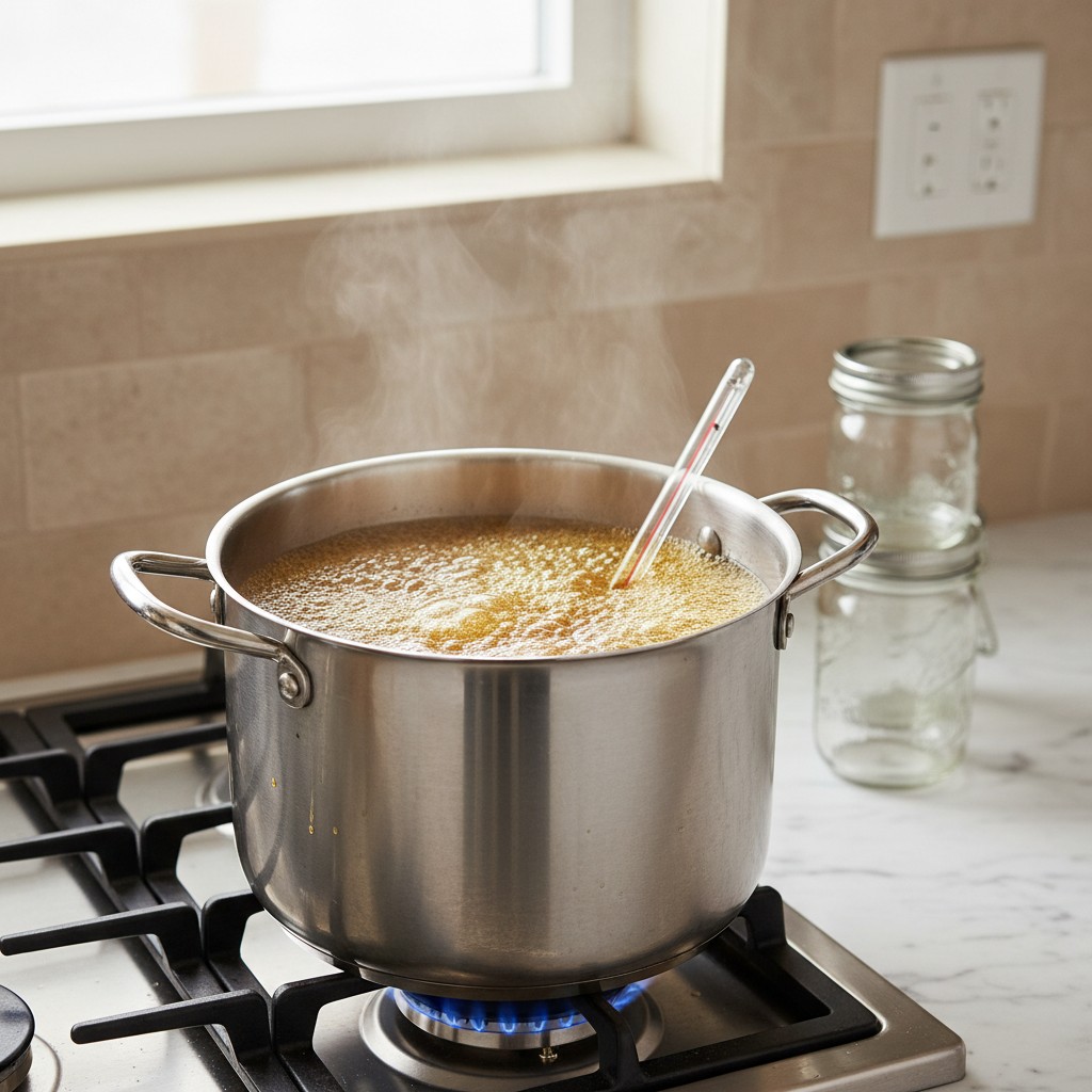 Syrup being finished on stove with candy thermometer at 219°F