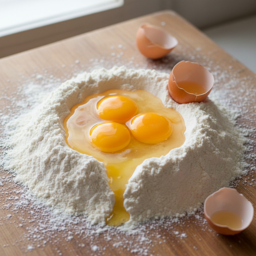 Flour mound with well and eggs on a wooden board