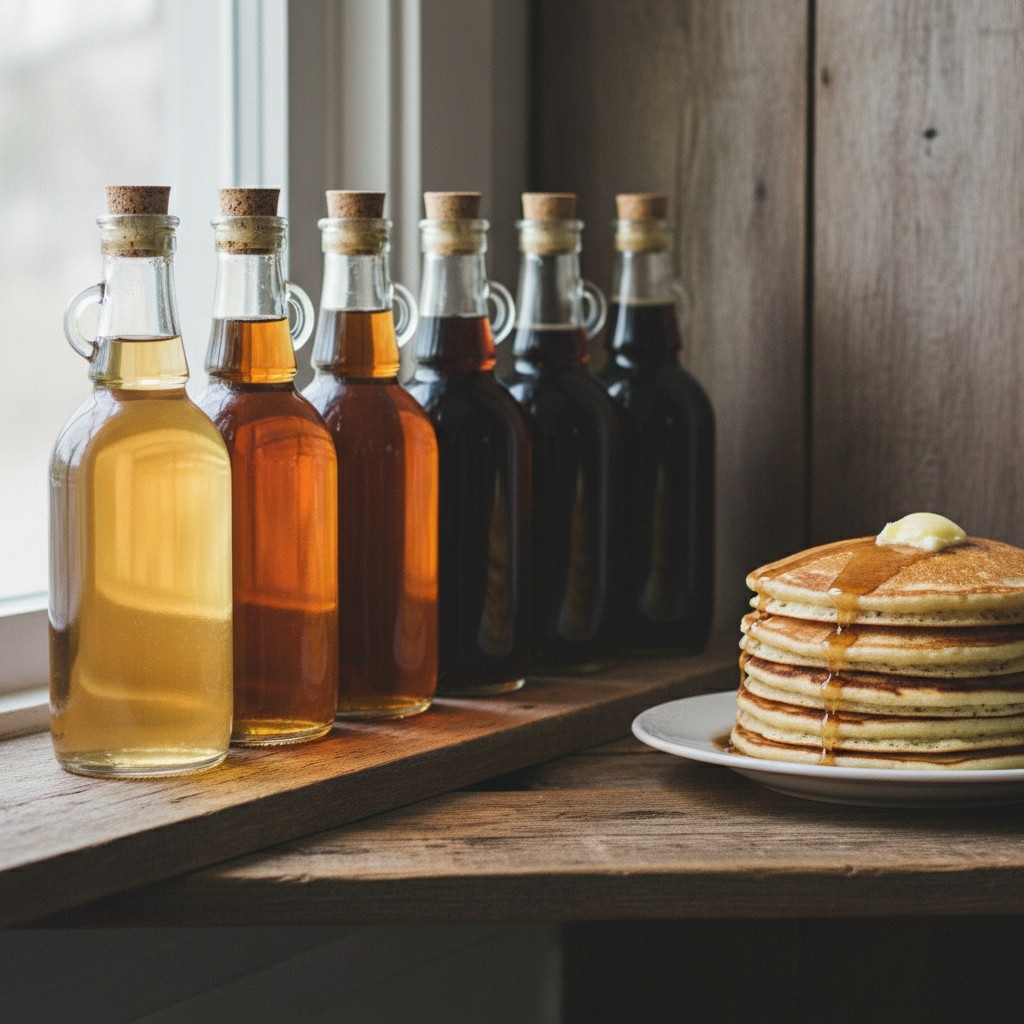 Glass bottles of homemade maple syrup in different grades