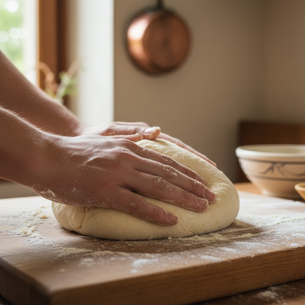 Hands kneading smooth elastic pasta dough