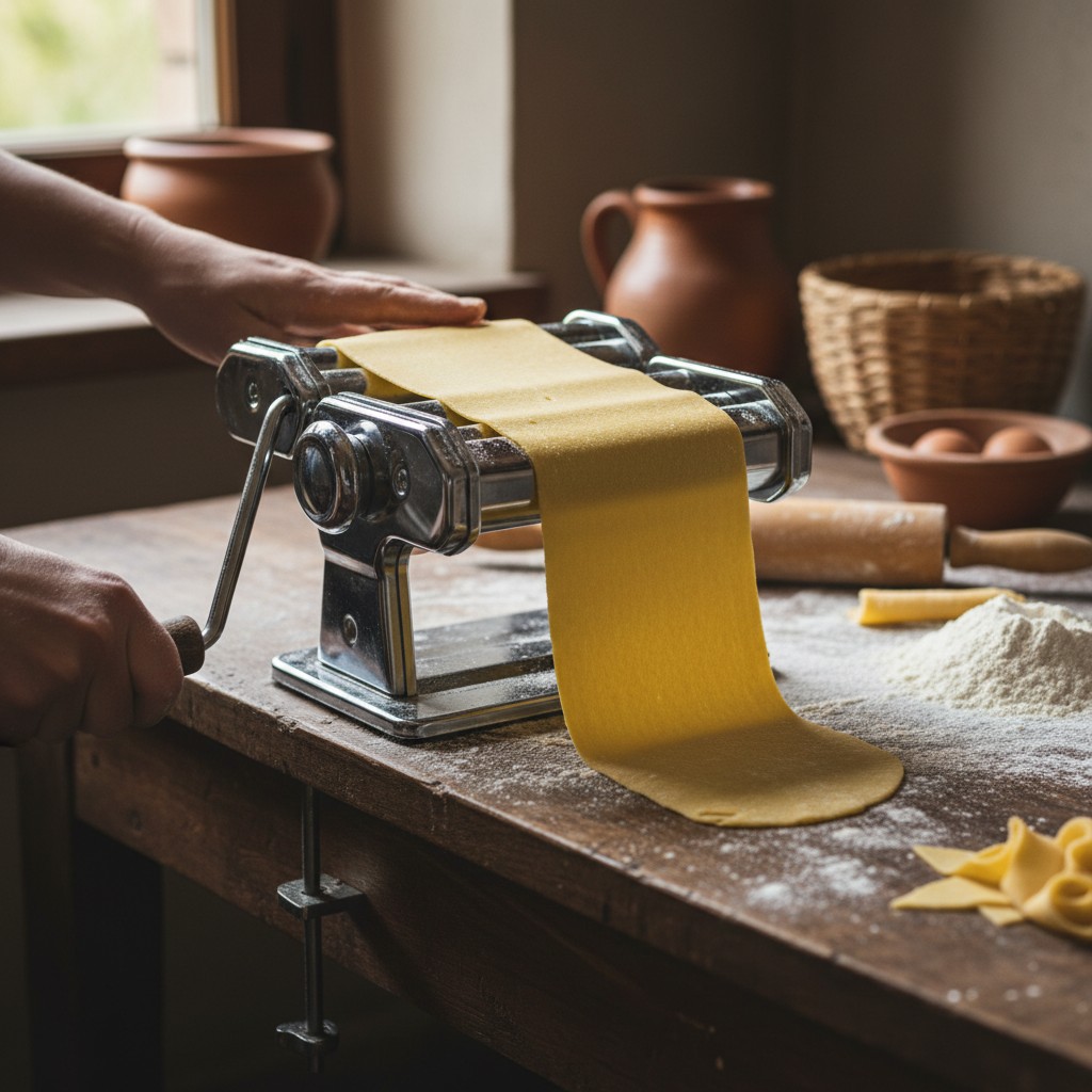 Pasta dough being rolled through a hand-crank machine