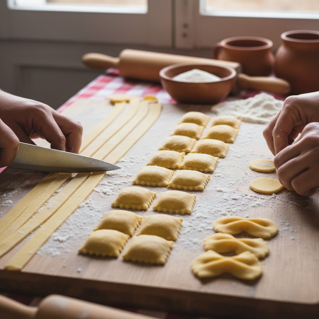 Fresh pasta cut into fettuccine, ravioli, and farfalle