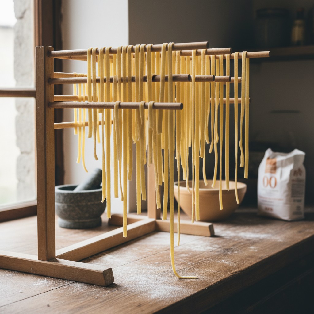 Fresh pasta hanging on a drying rack