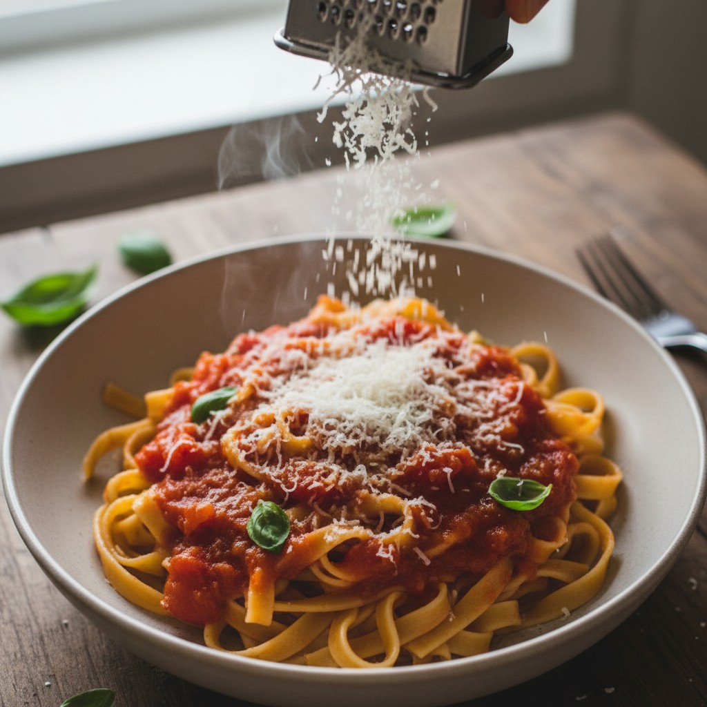 Plate of fresh pasta with tomato basil sauce