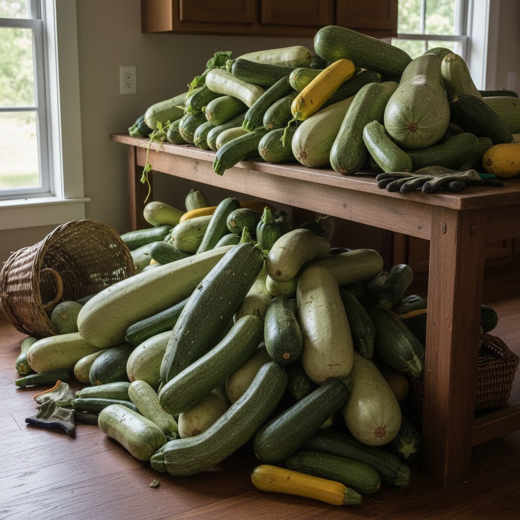 Huge pile of freshly harvested zucchini on a kitchen counter