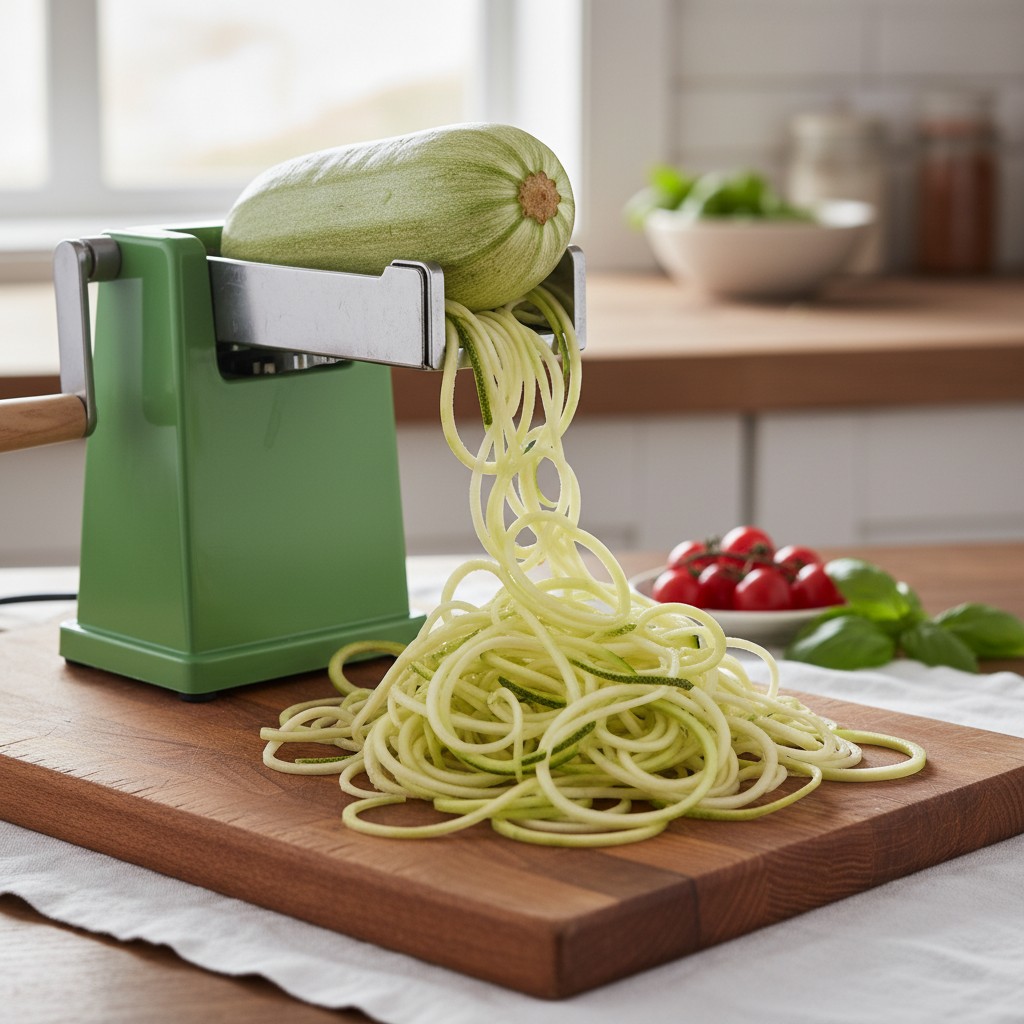 Zucchini being spiralized into noodles