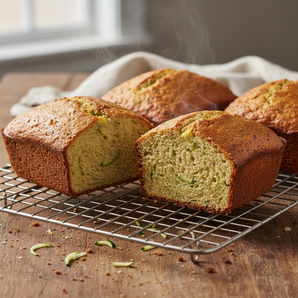 Golden brown zucchini bread loaves cooling on a wire rack