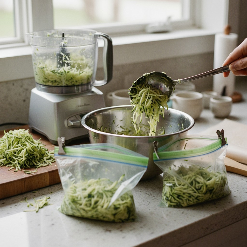 Shredded zucchini being packed into freezer bags