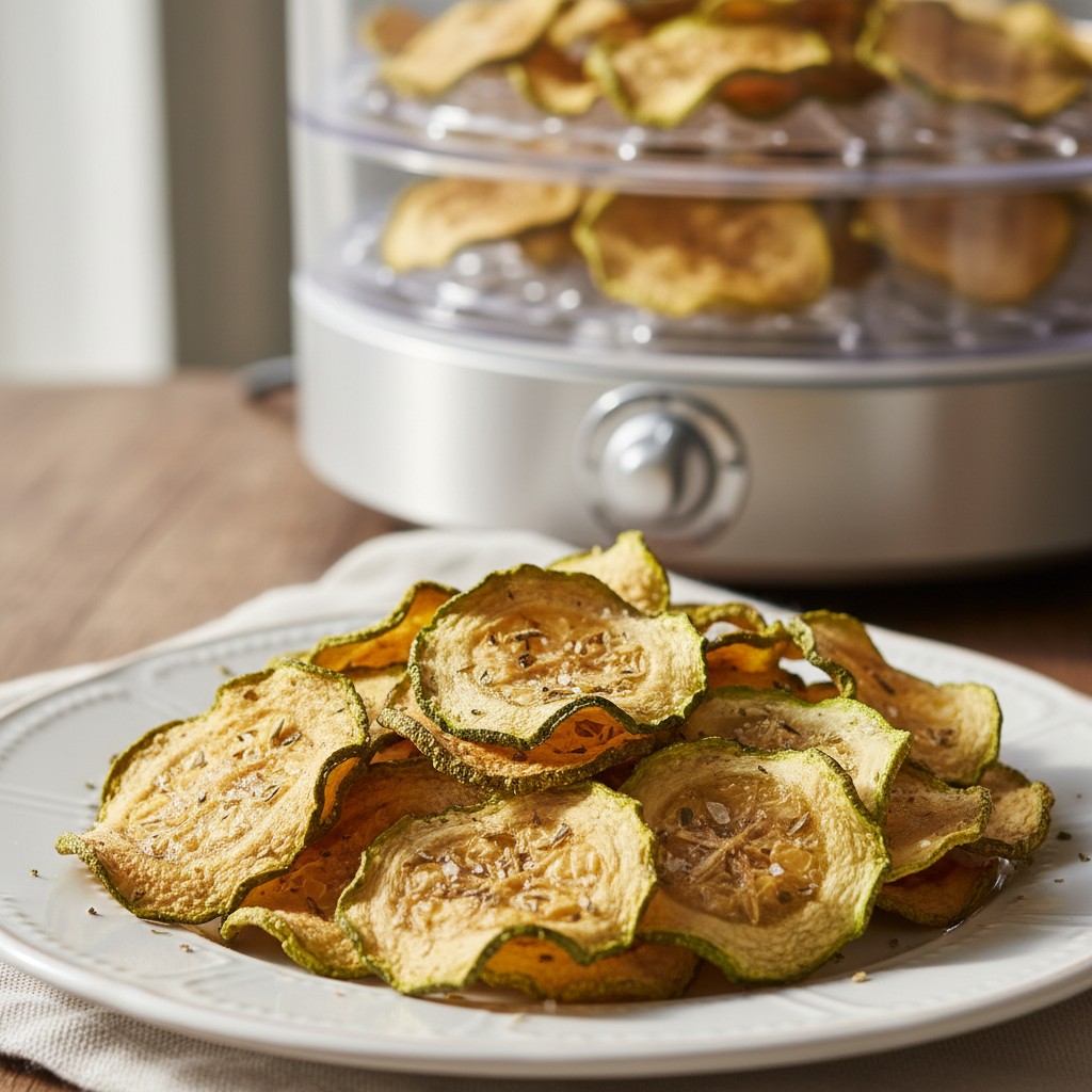 Dehydrated zucchini chips, crispy and golden
