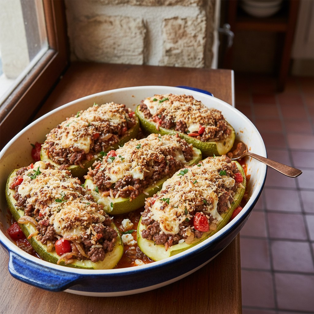 Large zucchini boats stuffed with meat, rice, and cheese