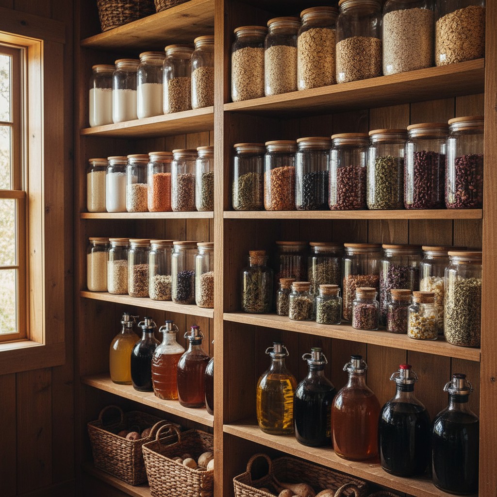 Well-organized homestead pantry with bulk dry goods in glass jars