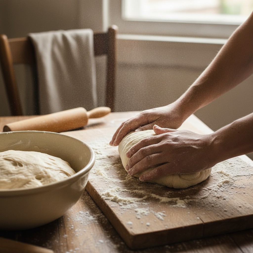 Hands kneading bread dough on a floured surface