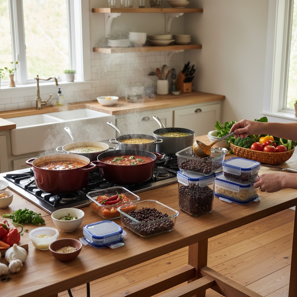Sunday batch cooking with multiple pots on the stove