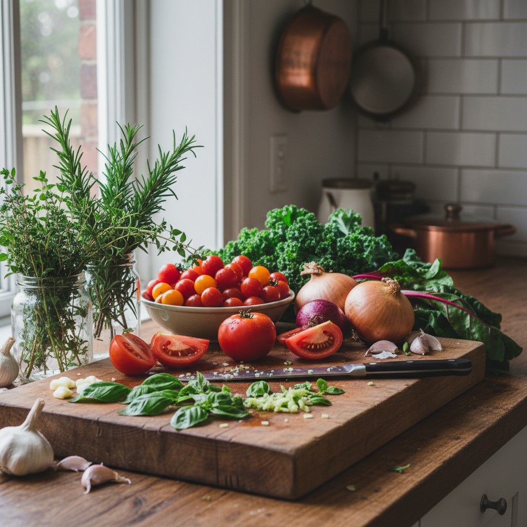 Fresh garden ingredients being prepped on a cutting board