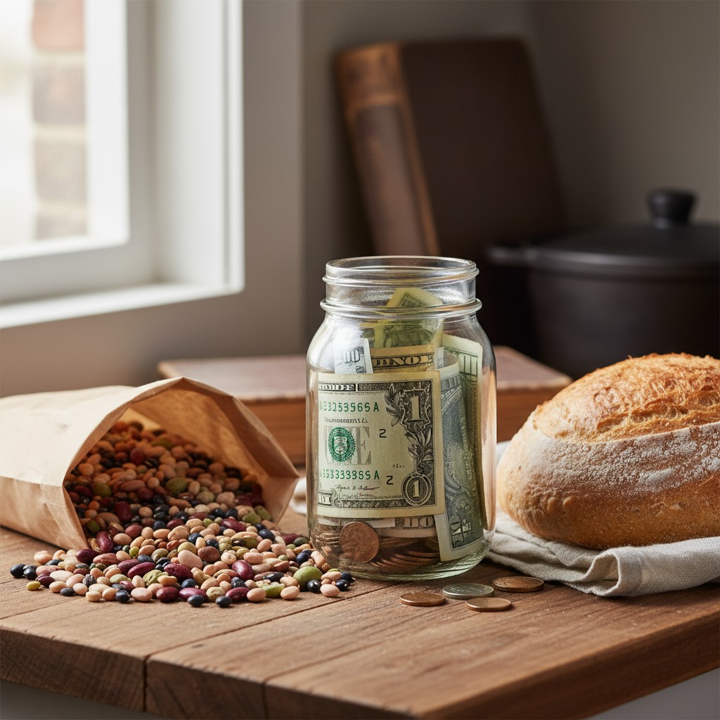 Savings jar next to dried beans and homemade bread