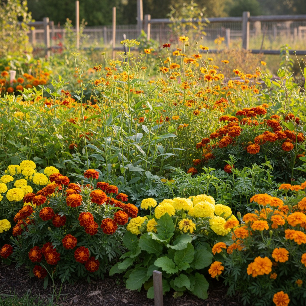 Garden bed of natural dye plants: marigolds, indigo, woad, and coreopsis