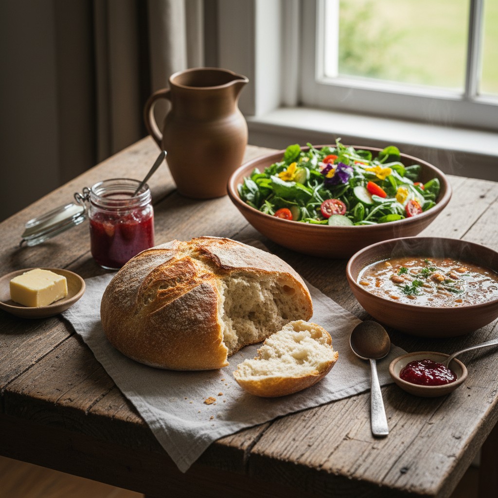 Farmhouse table with a from-scratch homestead meal
