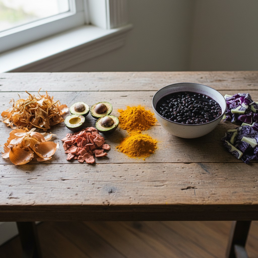 Kitchen-scrap dye materials arranged by color