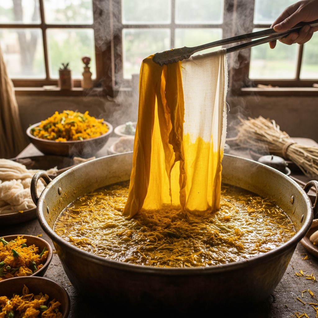 Fabric being dipped into a pot of golden marigold dye