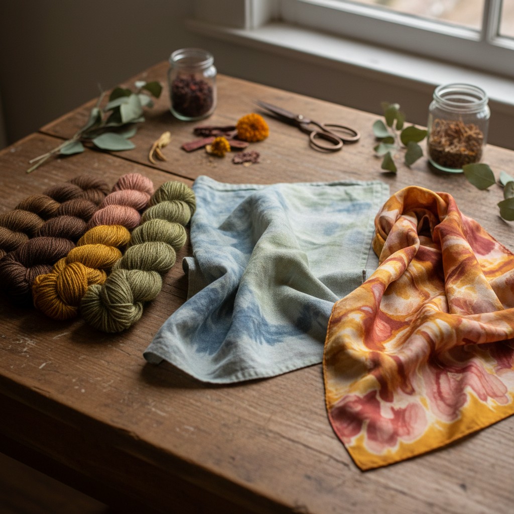 Finished natural dye projects: tea towel, silk scarf, and dyed yarn