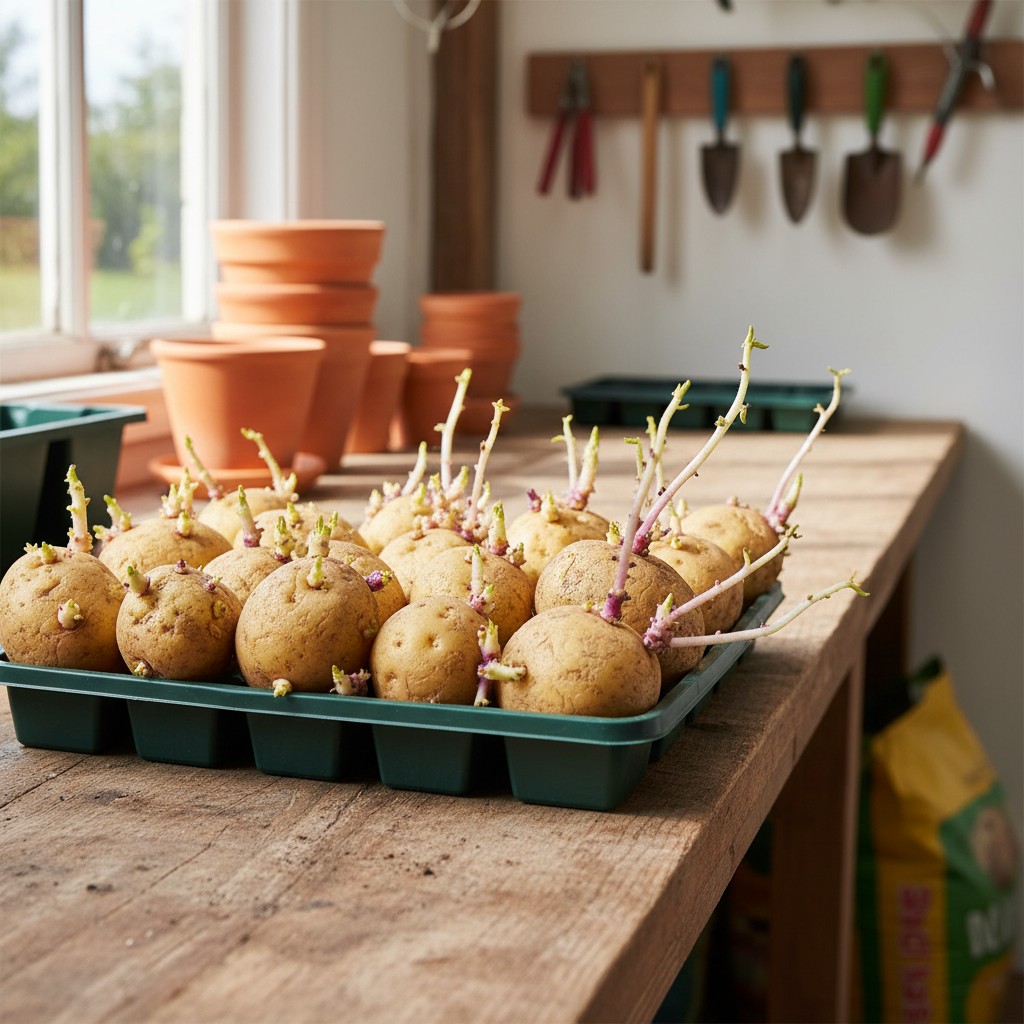 Seed potatoes with sprouts growing from the eyes