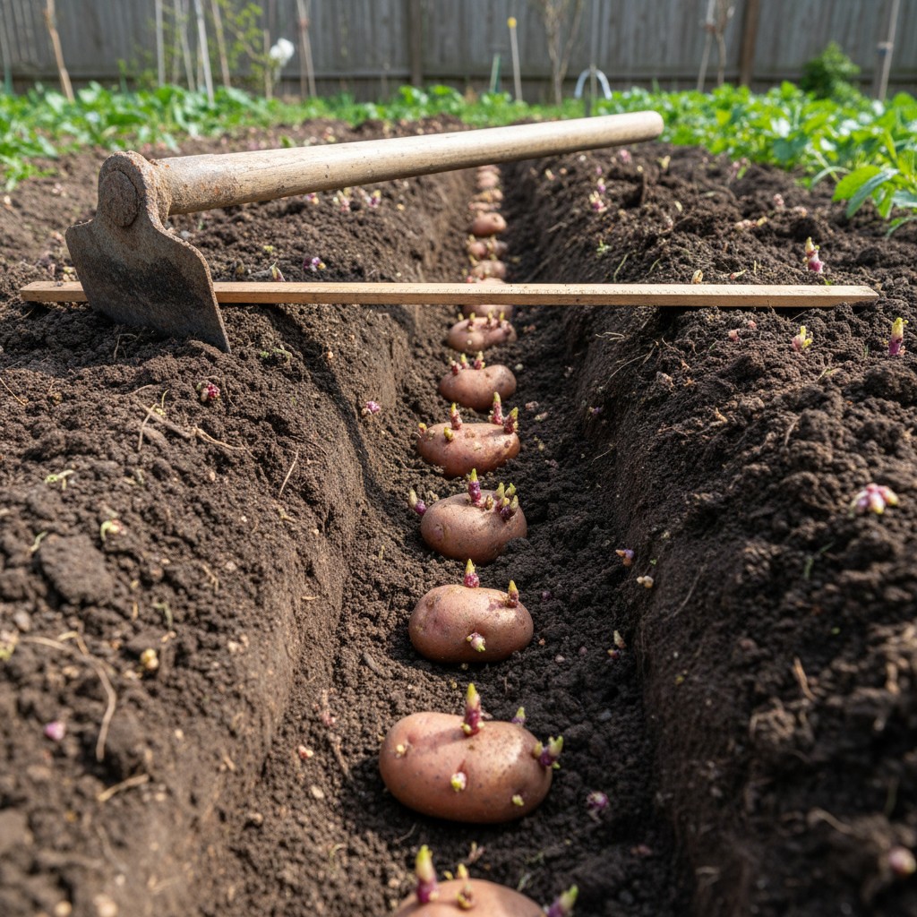 Potato trench with seed potatoes spaced along the bottom