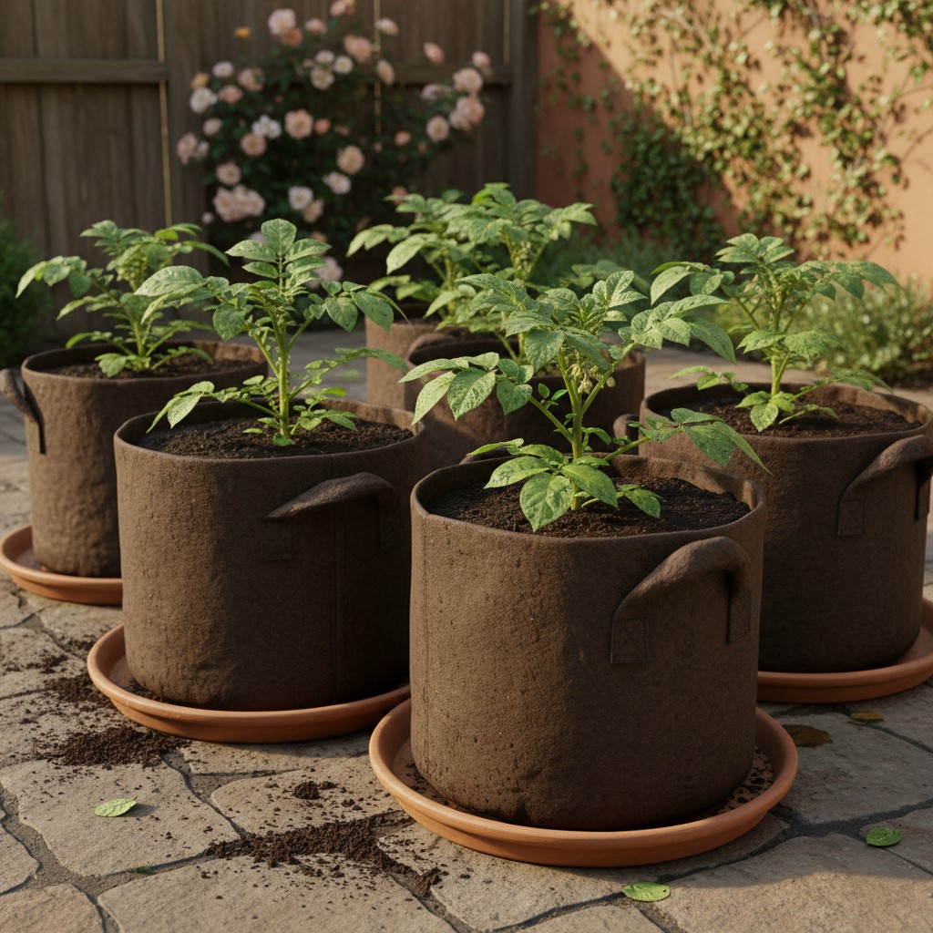 Potato grow bags on a patio with healthy green plants