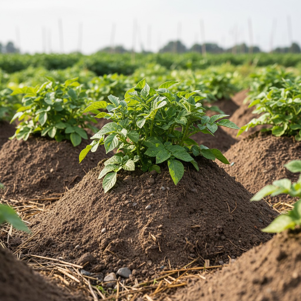 Potato plants being hilled with soil mounded around stems