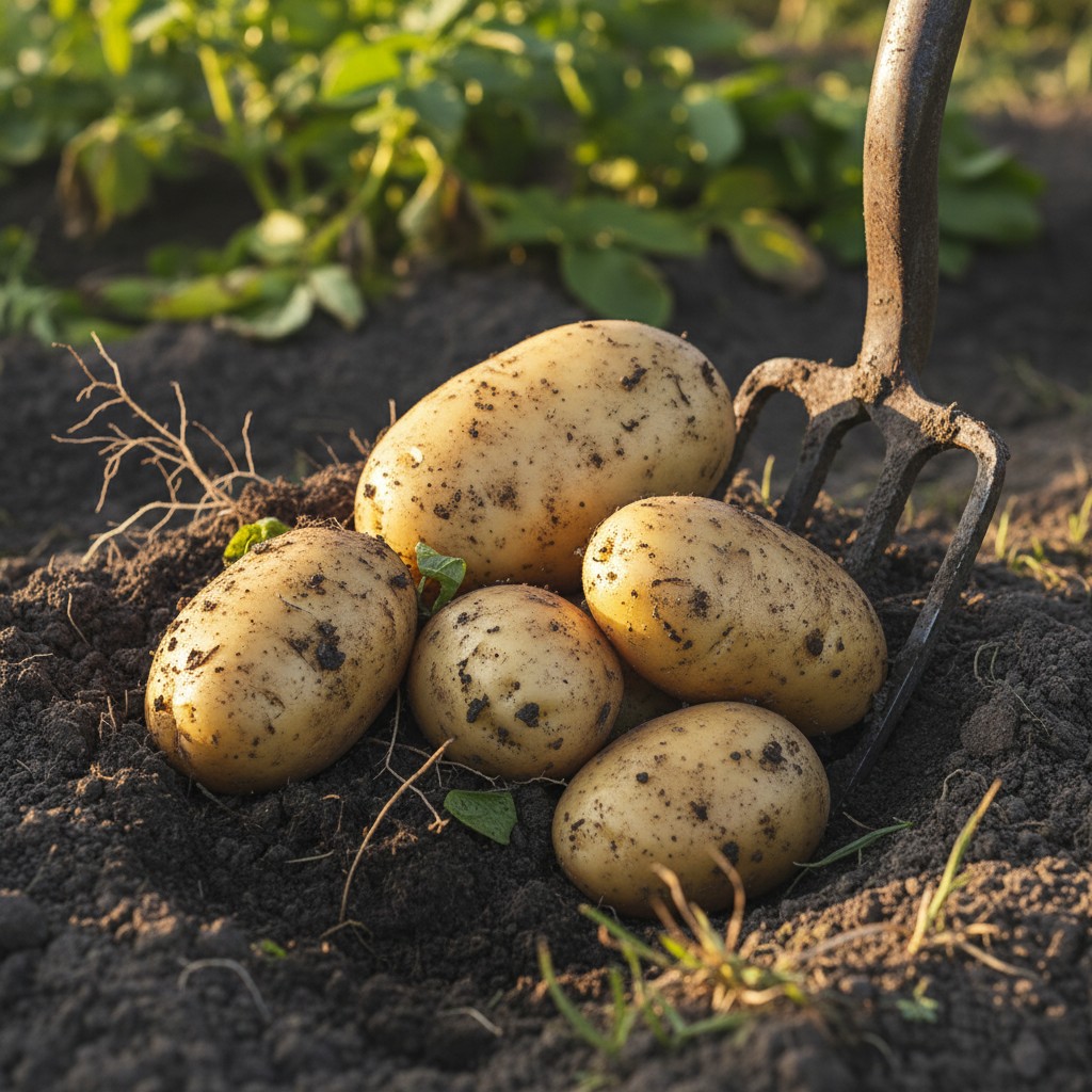 Potatoes being dug from ground with a fork, golden tubers in soil
