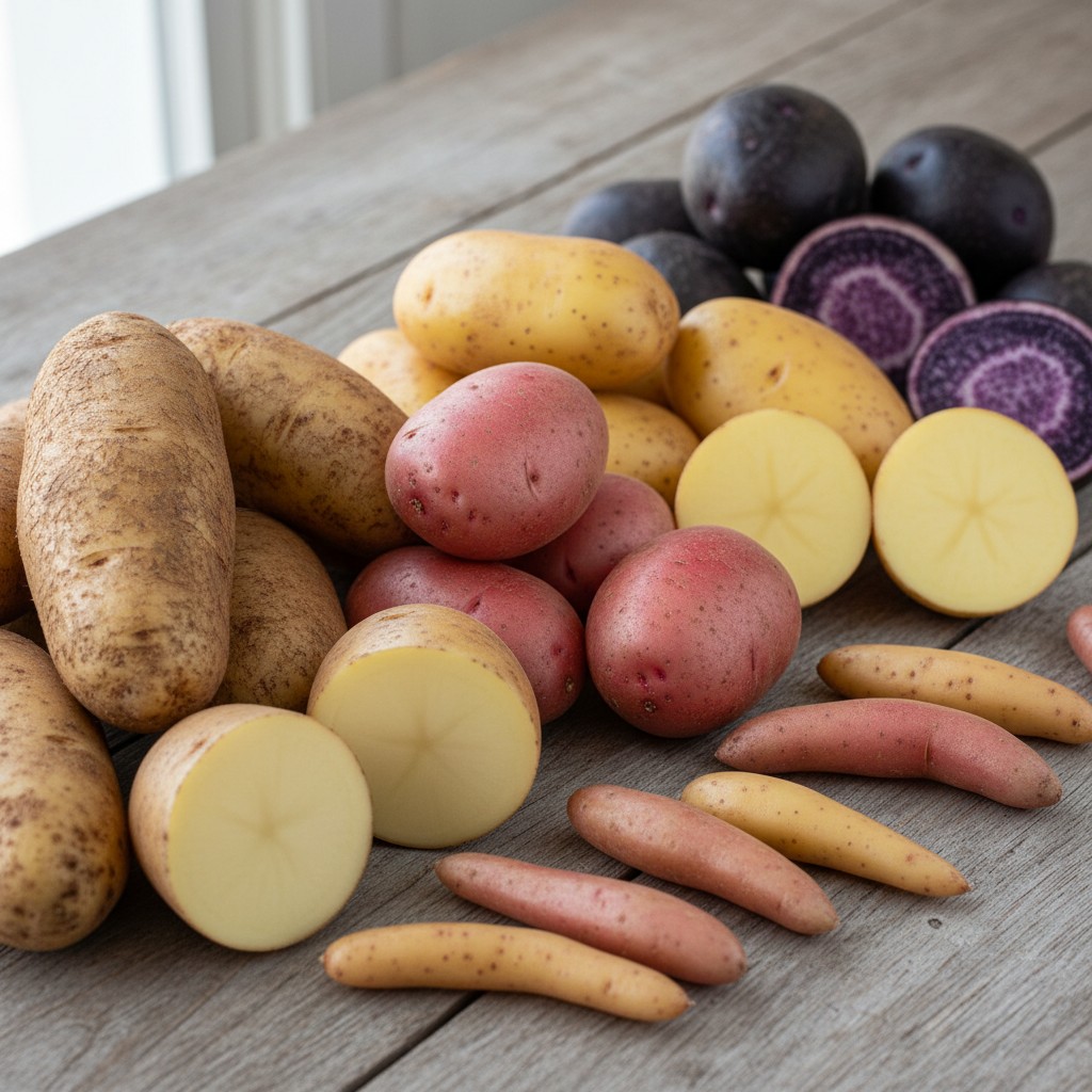 Different potato varieties: russet, red, Yukon gold, fingerling, purple