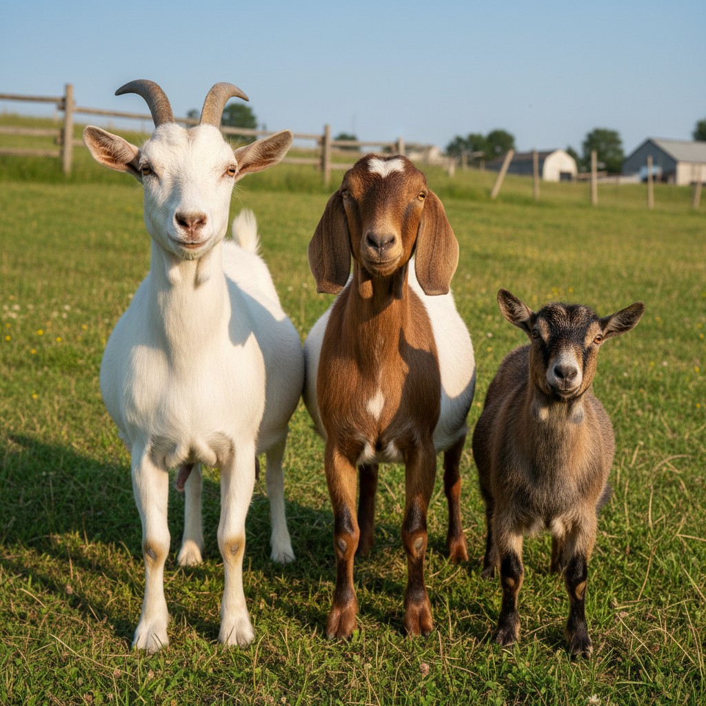Three goat breeds: Saanen, Nubian, and Pygmy showing diversity