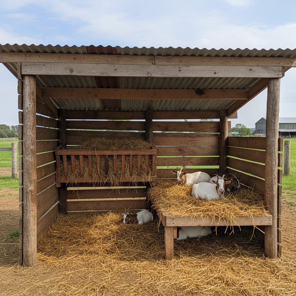 Simple three-sided goat shelter with hay feeder and raised platform