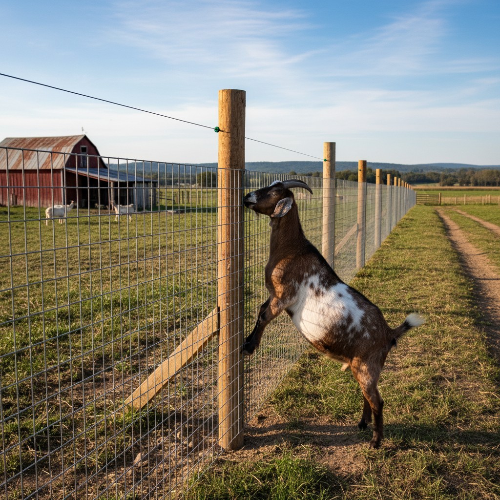 Well-built goat fence with woven wire and hot wire on top