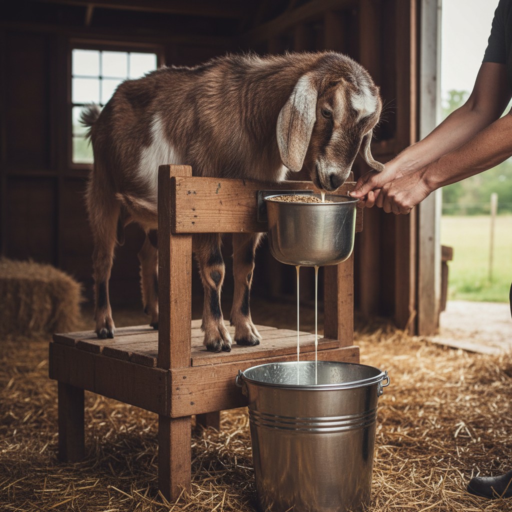 Dairy goat on milking stand being milked into a steel pail