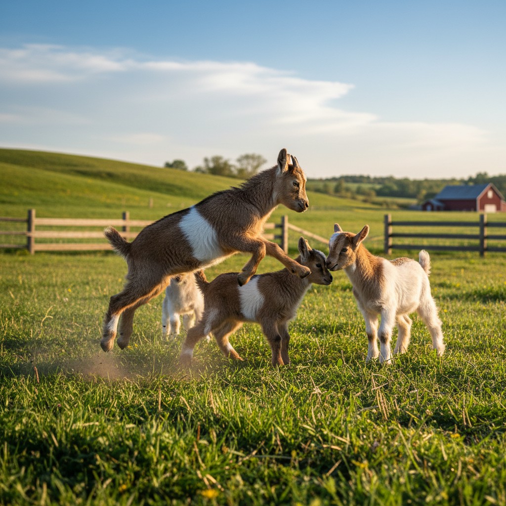 Young goat kids playing and leaping in a pasture