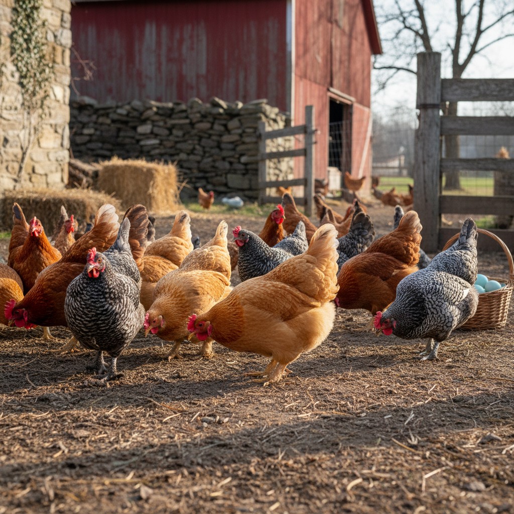 Mixed heritage chicken flock free-ranging: Barred Rock, Orpington, Ameraucana
