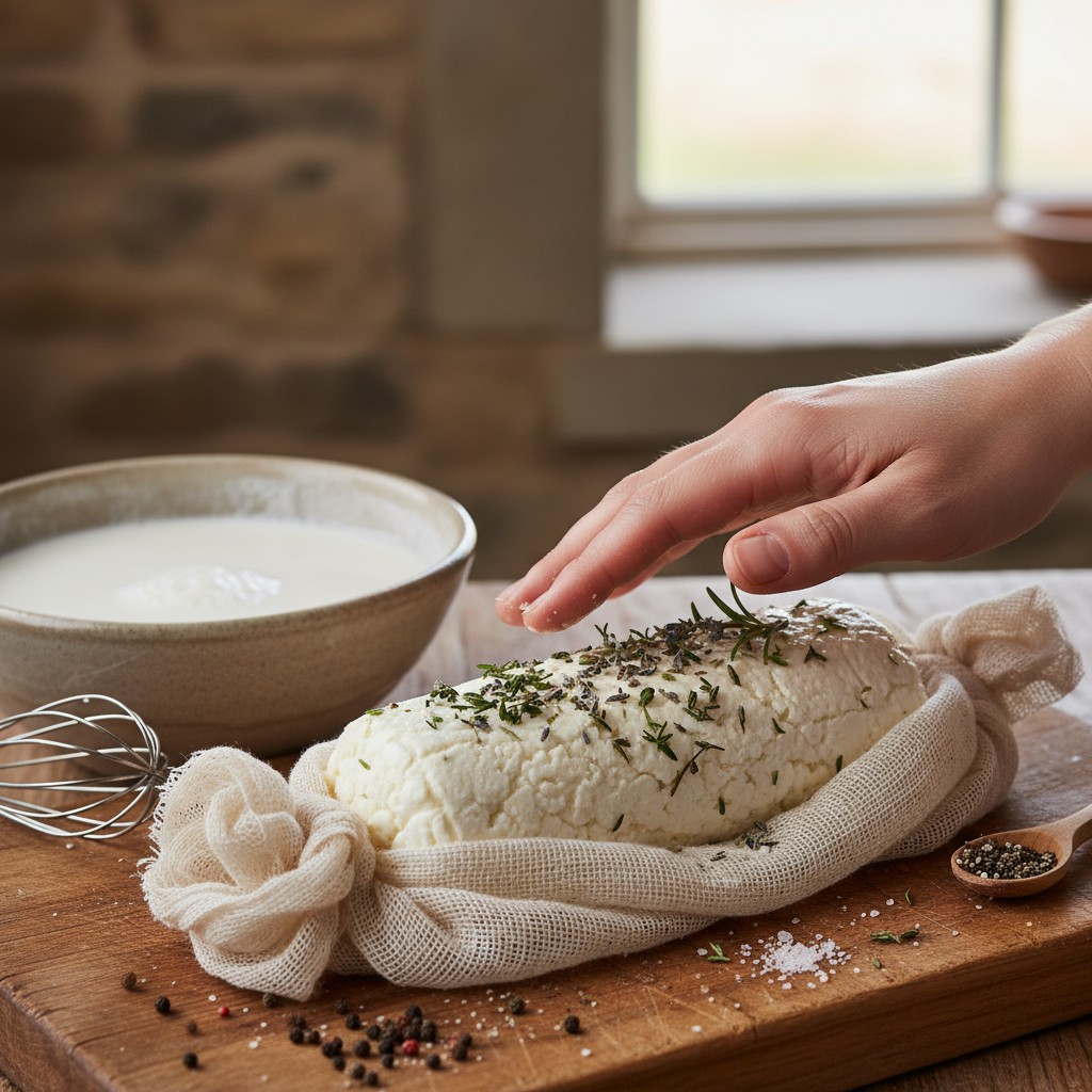 Fresh chevre being shaped with herbs pressed into the surface