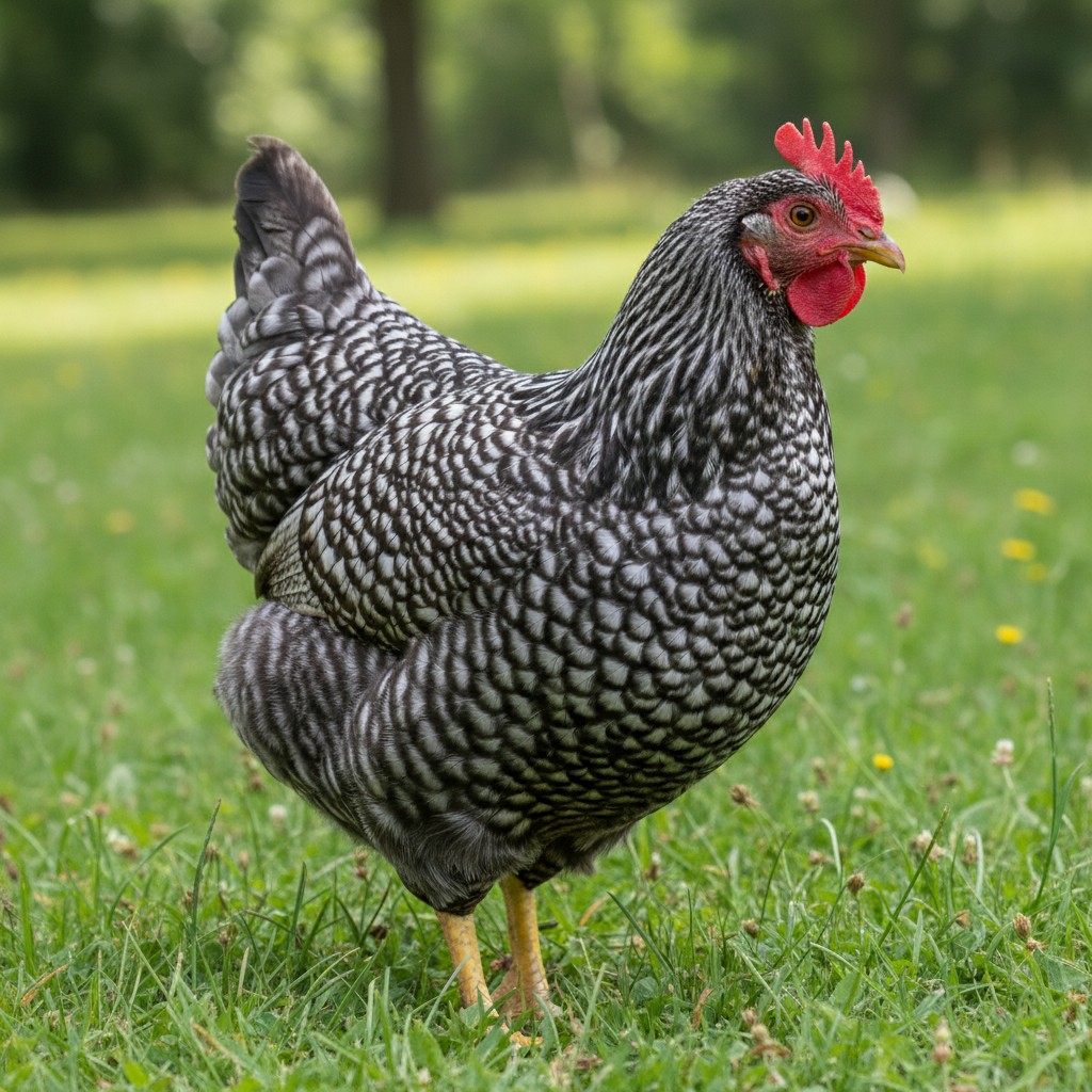 Barred Plymouth Rock hen with black and white striped feathers