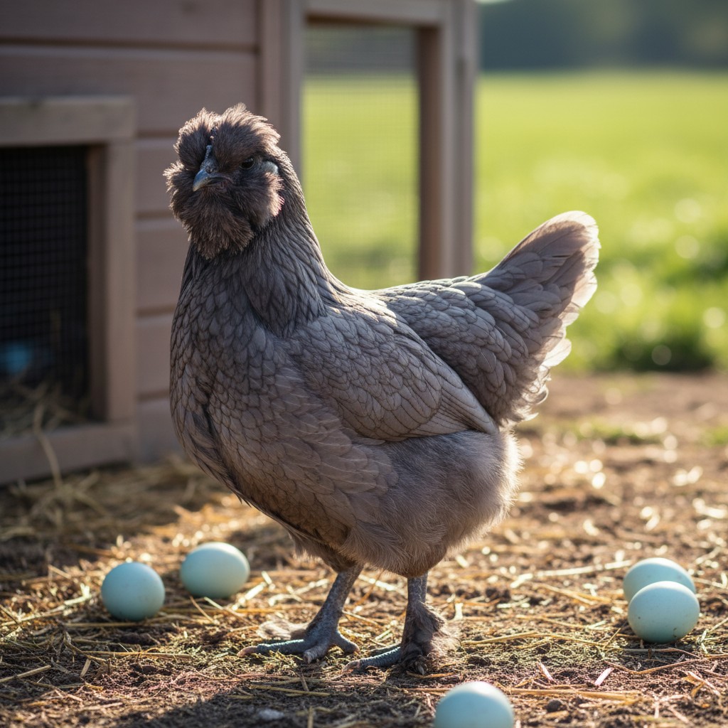 Ameraucana hen with muffs and beard and slate blue legs