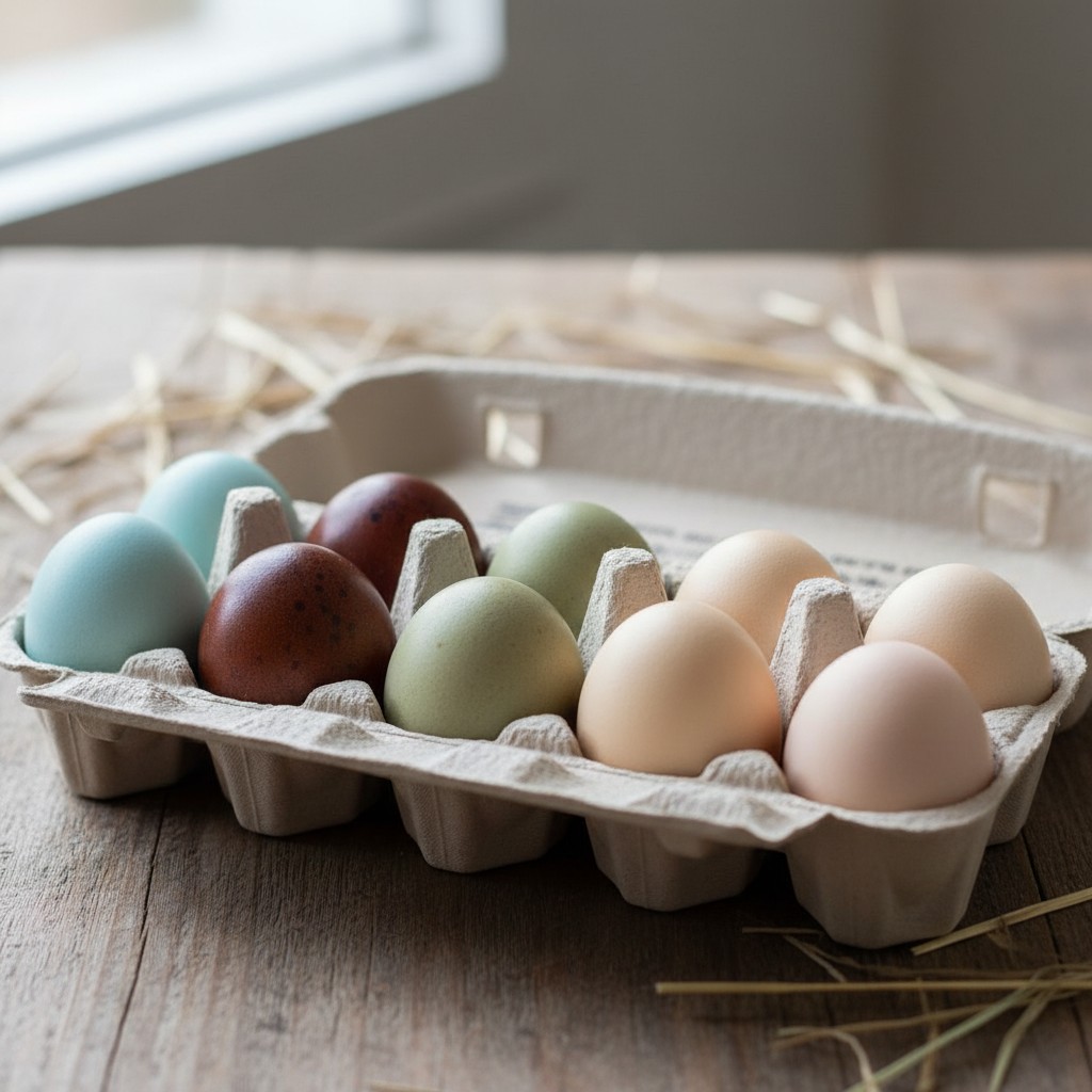 Dozen heritage breed eggs in blue, brown, green, cream, and chocolate