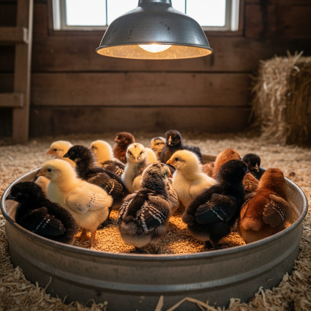 Heritage breed chicks of different colors in a brooder