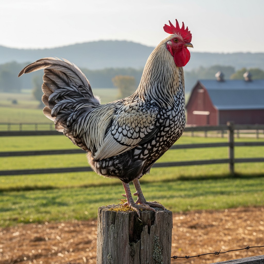Magnificent heritage rooster with full hackle and tail feathers on a fence post