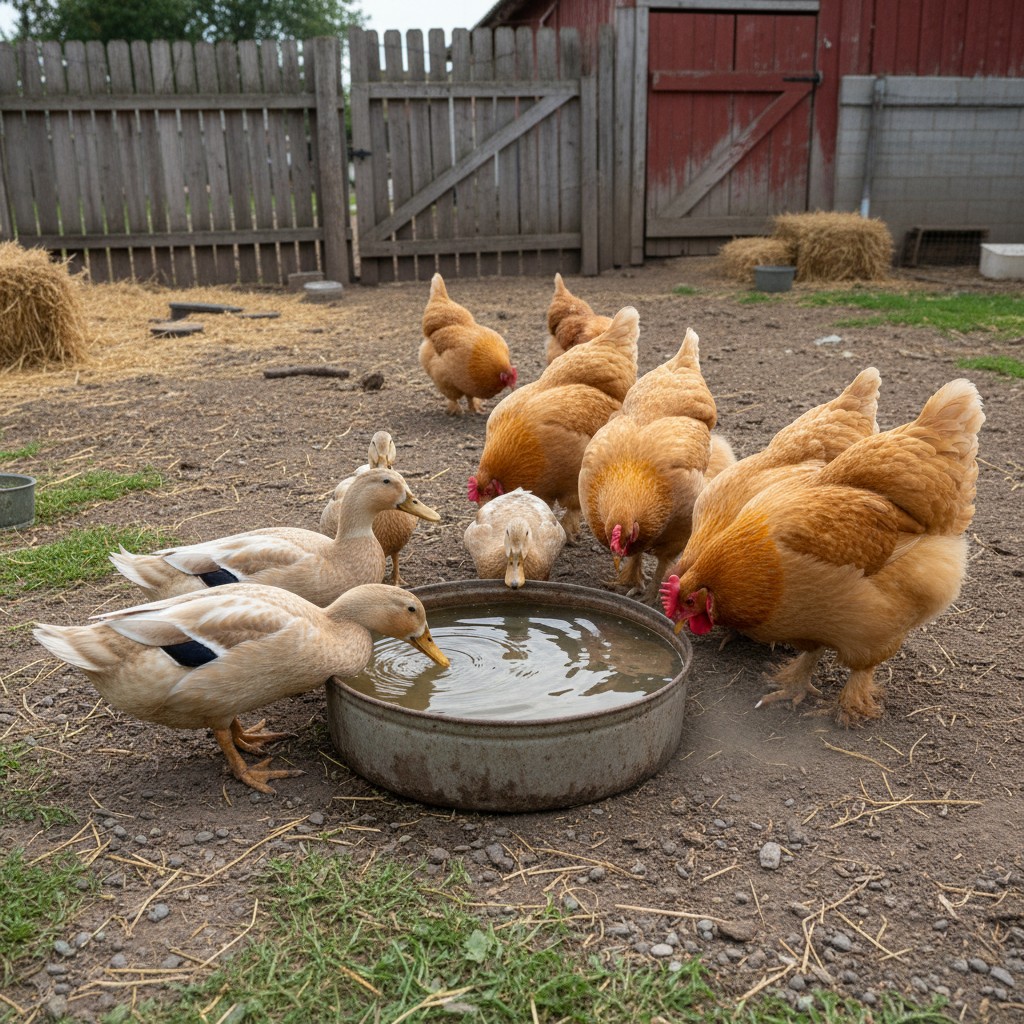 Ducks and chickens sharing a farmyard