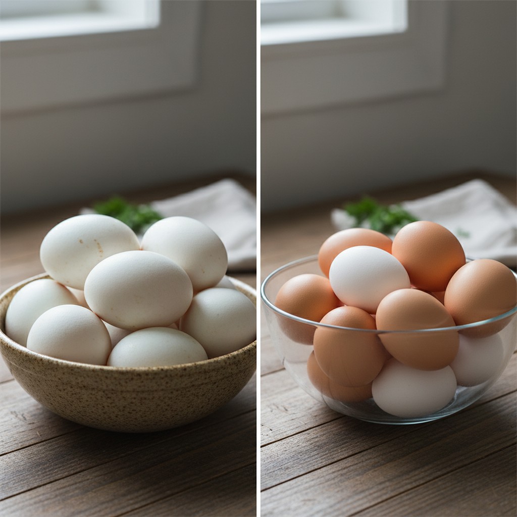 Duck eggs next to chicken eggs showing size difference