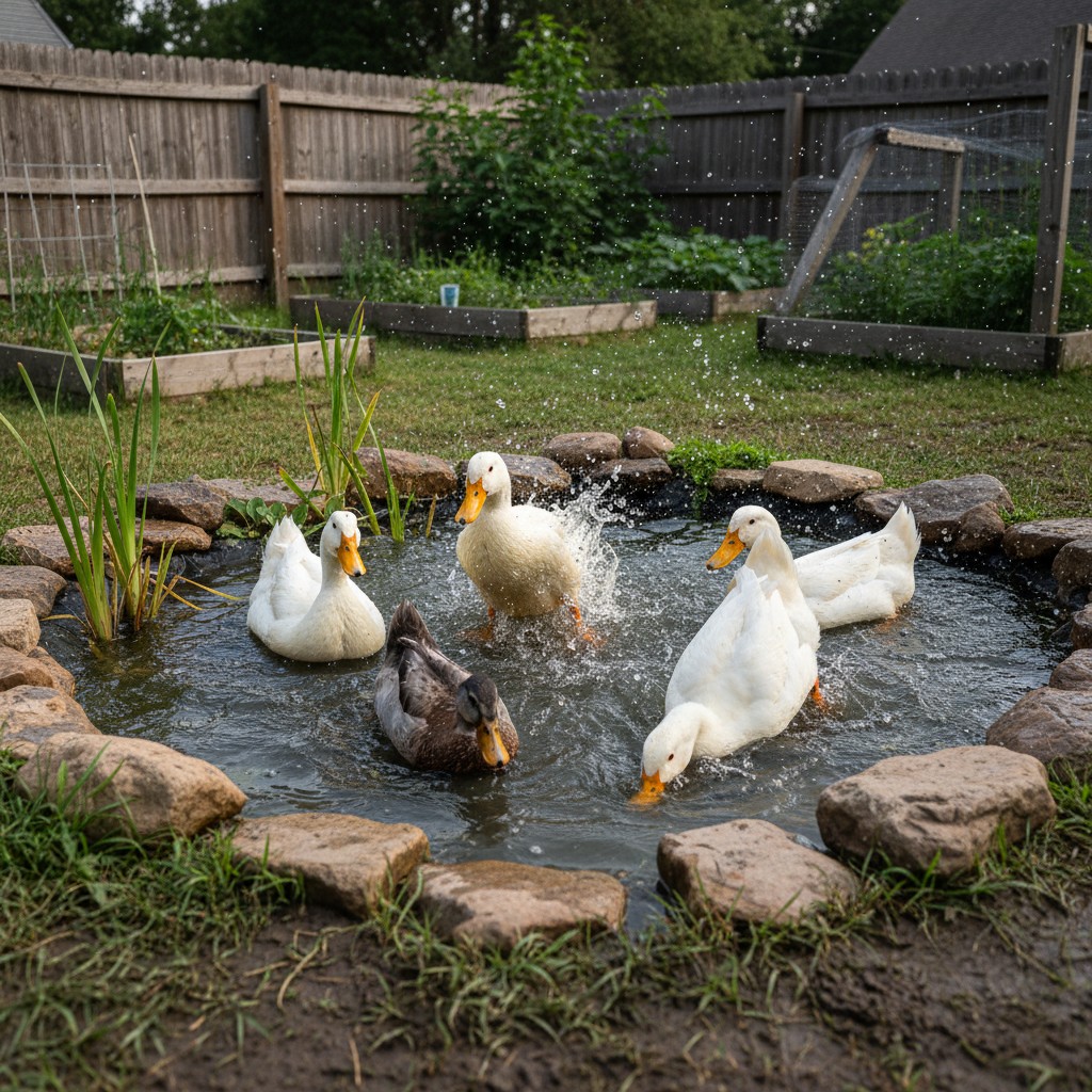 Ducks swimming in a small backyard pond