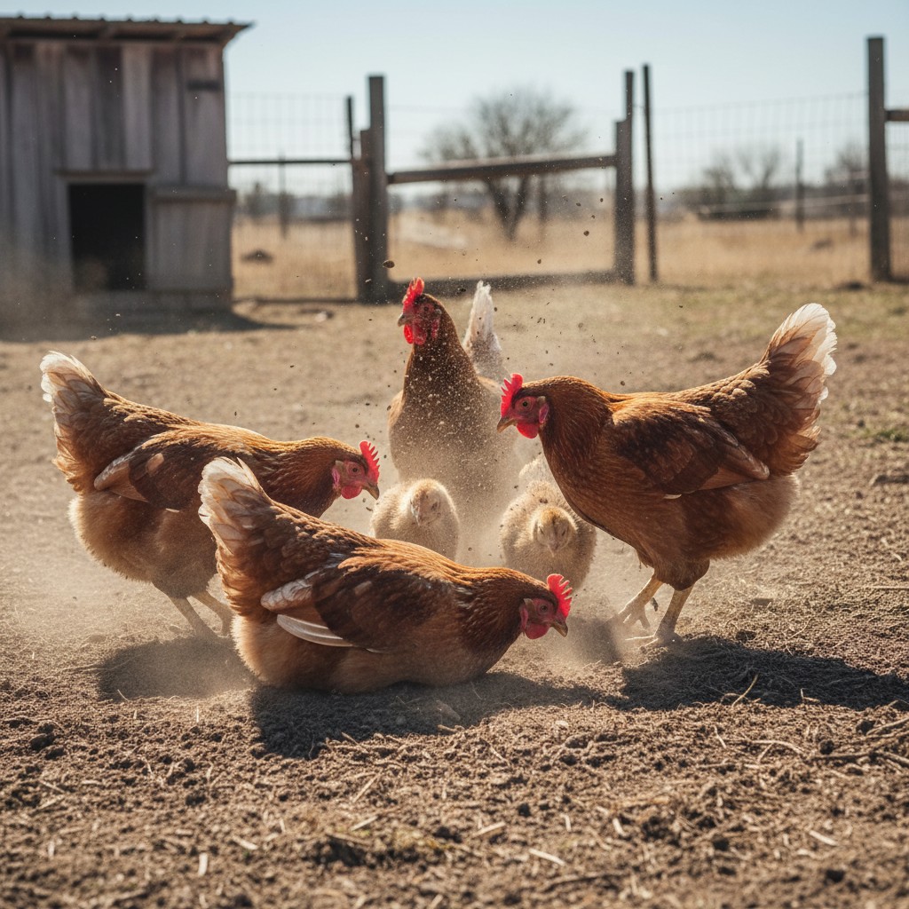 Chickens dust bathing in dry soil