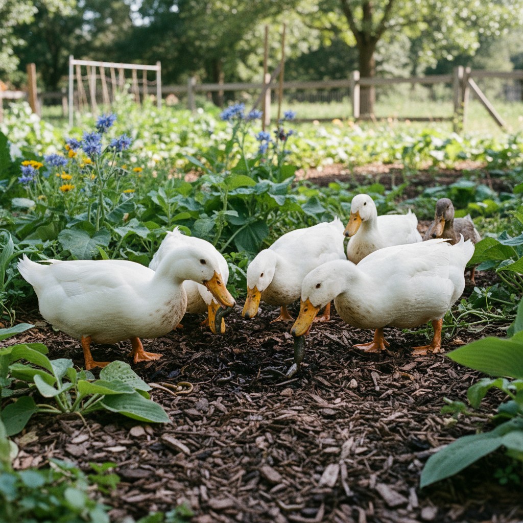 Ducks foraging through garden mulch eating slugs