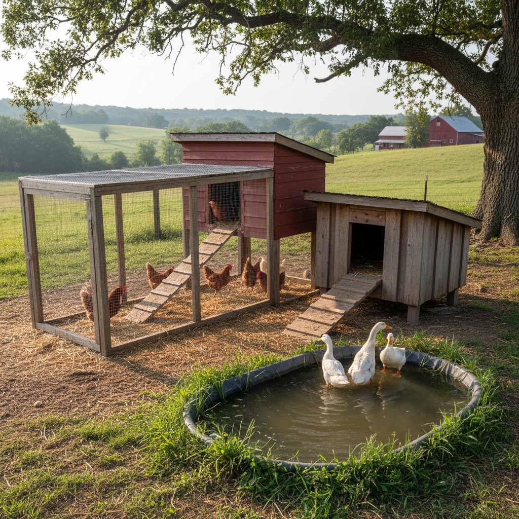 Combined duck and chicken housing setup