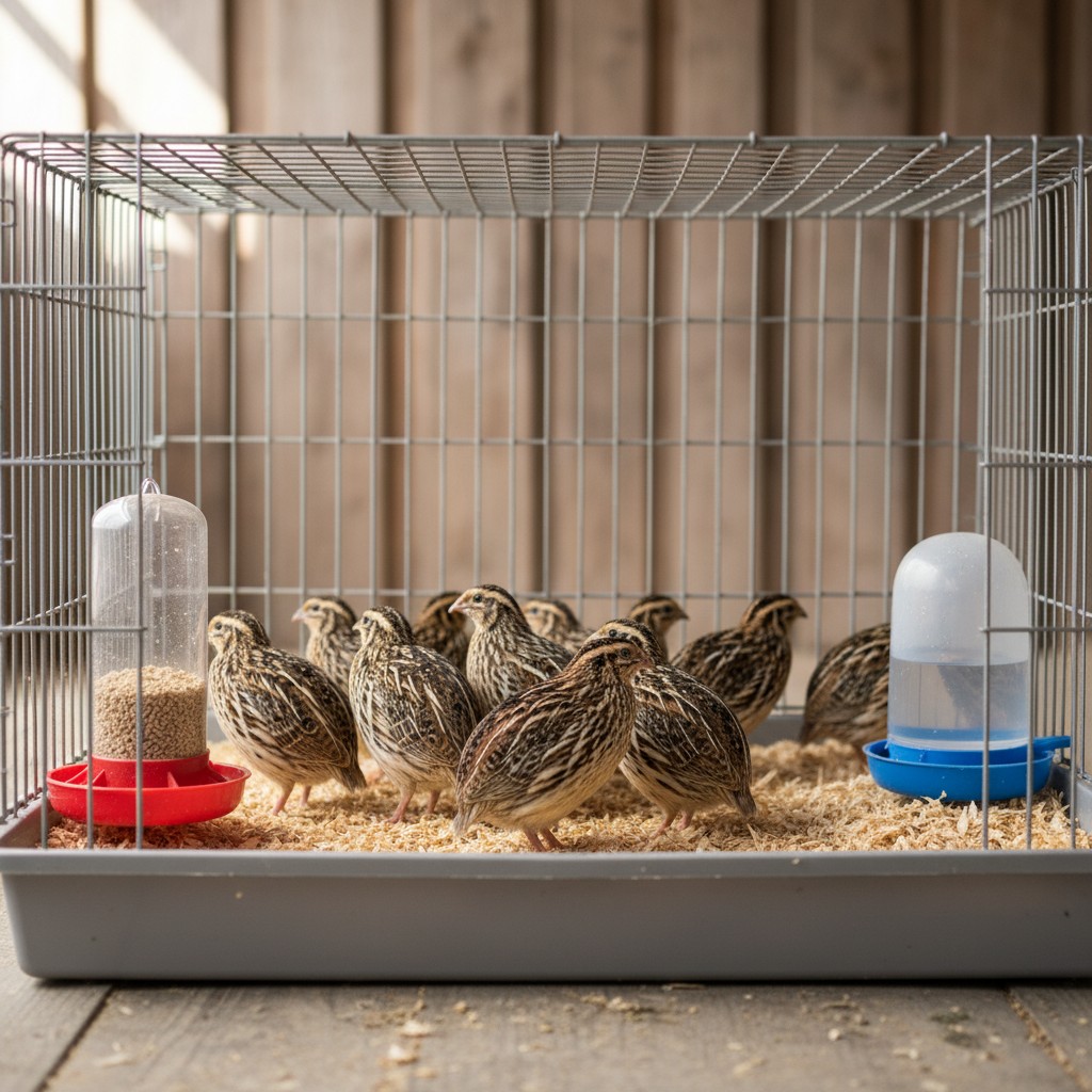 Coturnix quail in a wire cage with feeder and waterer