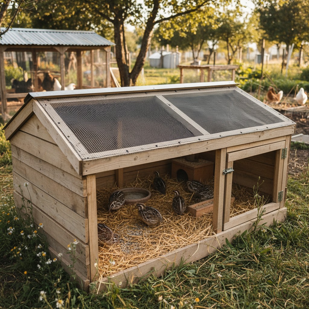 Well-designed quail hutch with soft mesh top